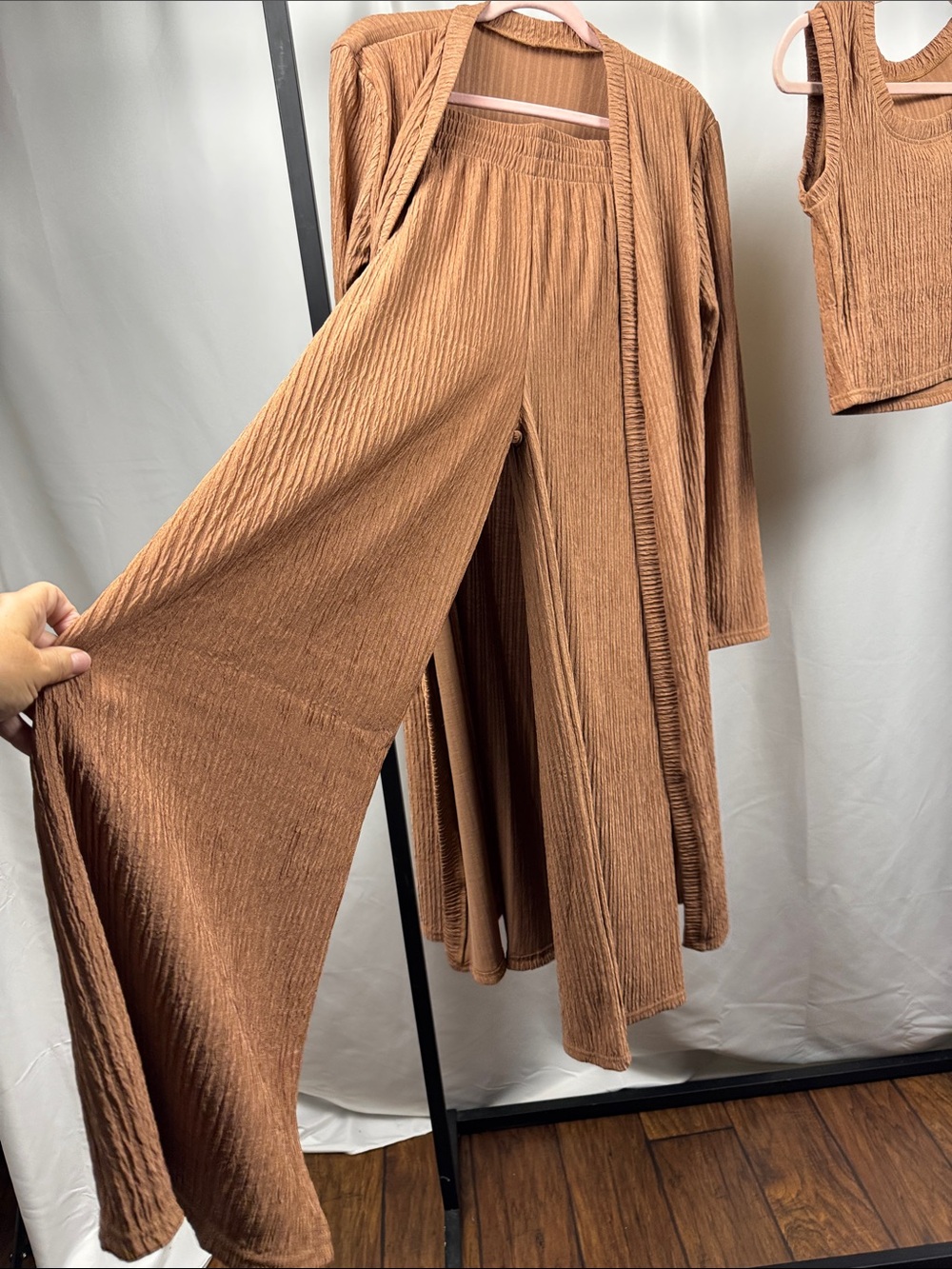 NWT 3 Piece Ribbed Knit Matching Set Duster Tank Wide Leg Pants L - Picture 5 of 12